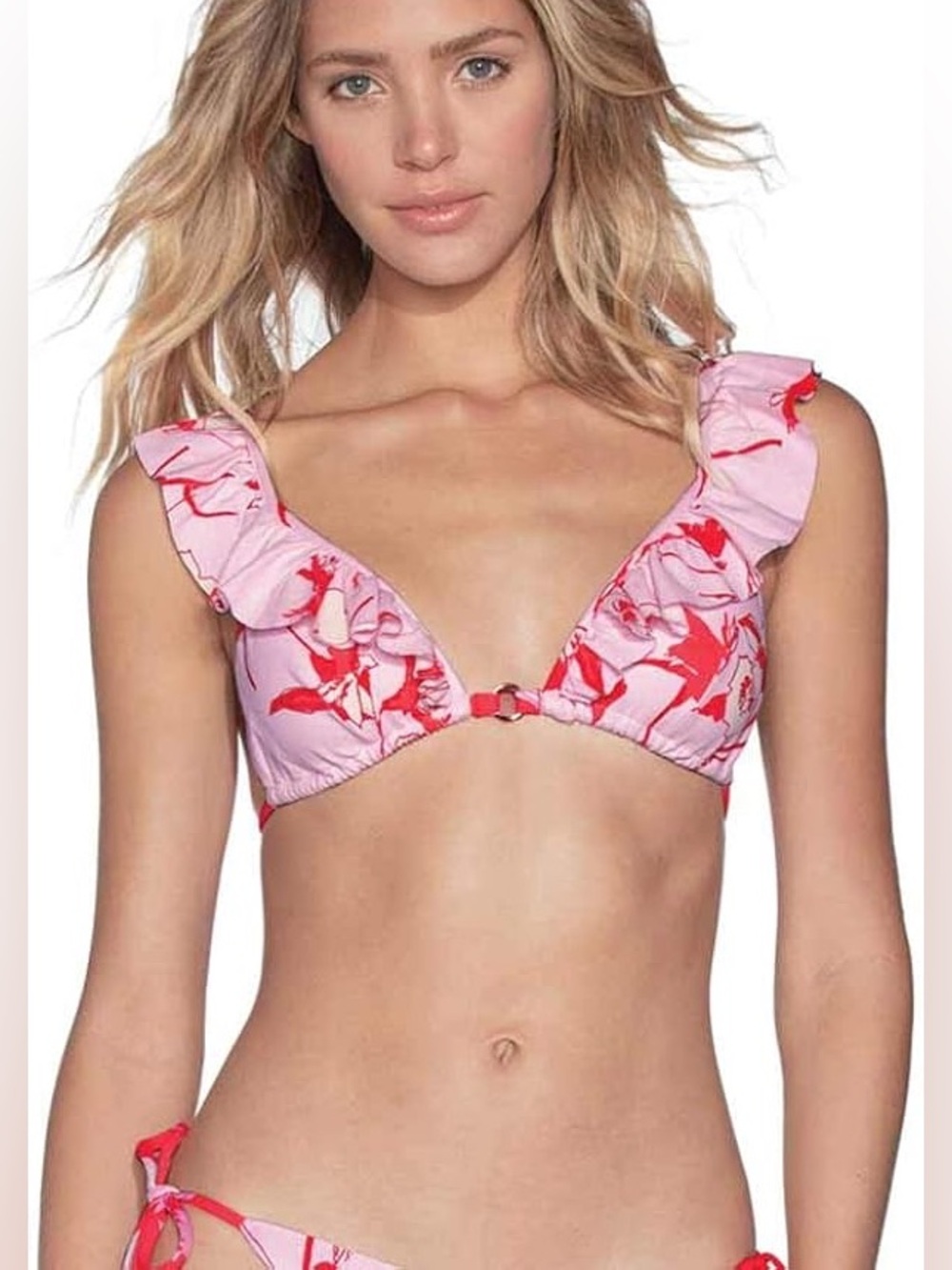 Maaji Pink and Red Ruffle Triangle Bikini Top Medium